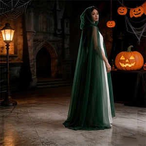 Halloween cosplay - ghost costume with hooded cloak, death god witch net-like long dress, full-length performance outfit