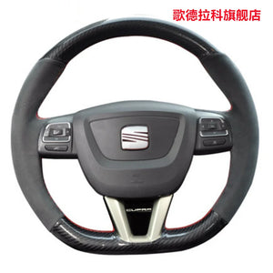 Hand-stitched Soft Suede Carbon Black Perforated Leather Car Steering Wheel Cover for SEAT LEON 2009 2010 2012 2013