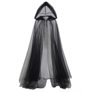Halloween cosplay - ghost costume with hooded cloak, death god witch net-like long dress, full-length performance outfit