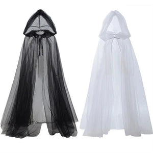 Halloween cosplay - ghost costume with hooded cloak, death god witch net-like long dress, full-length performance outfit