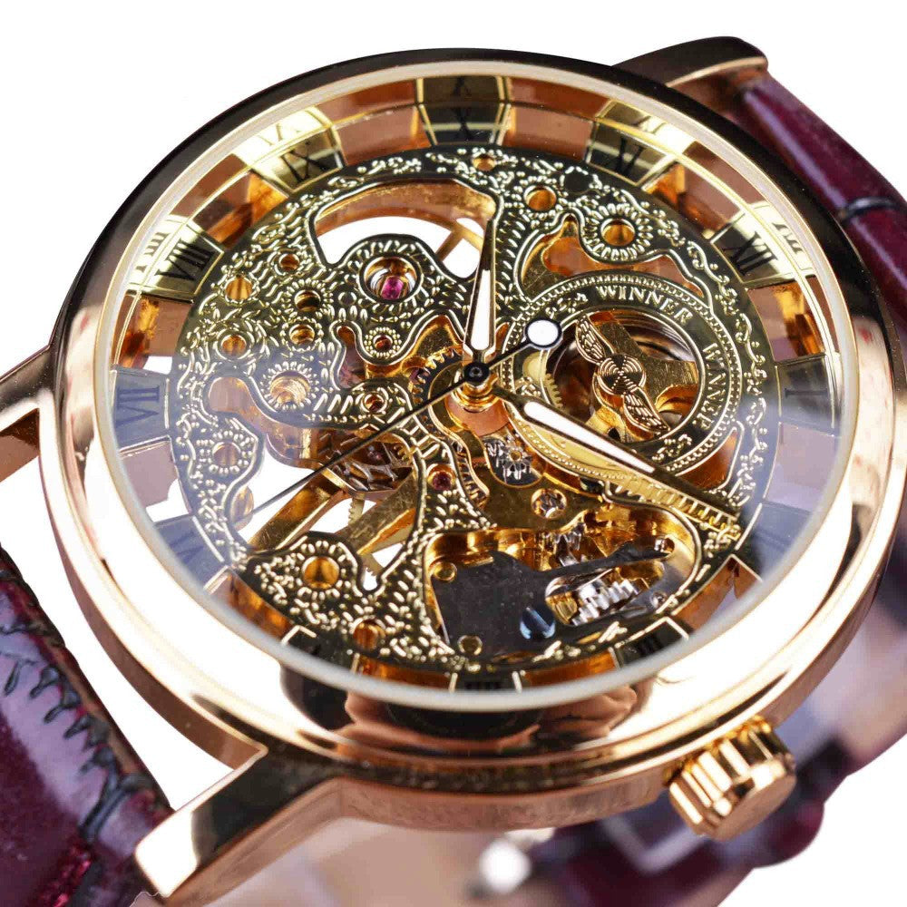 Mechanical watches Men's mechanical watches featuring a skeleton design with gold-tone case and leather strap.