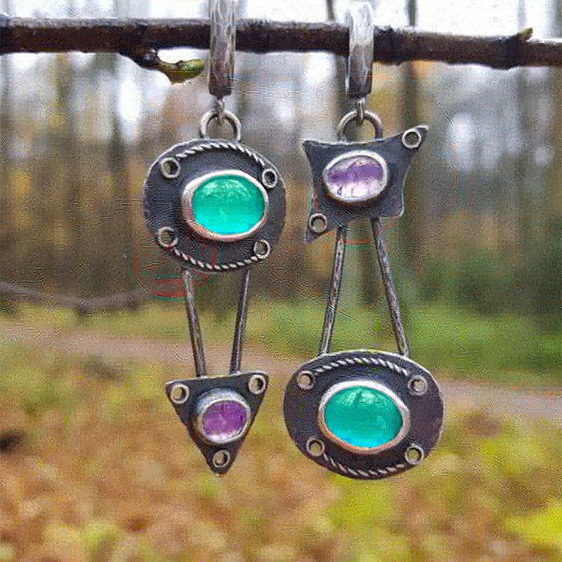 Antique Geometric Asymmetric Mosaic Dangle Earrings Unique