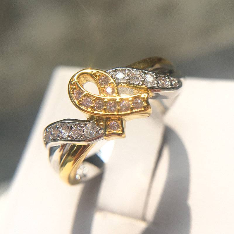 New Creative Ribbon Plated 18k Yellow Gold Diamond Rings Europe and America Explosion Women's Engagement Rings