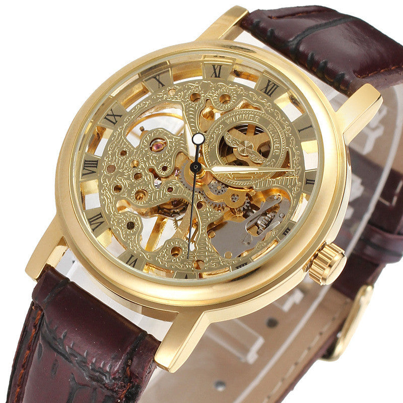 Mechanical watches Men's mechanical watches featuring a skeleton design with gold-tone case and leather strap.