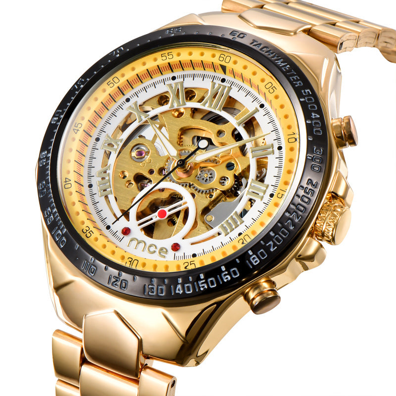 Mechanical watches and men’s mechanical watches featuring a gold skeleton design with intricate internal movements.