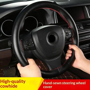 Hand Sewn Car Steering Wheel Protective Cover Leather Breathable Anti Slip Universal Suitable 38cm Elastic Band Texture Decor