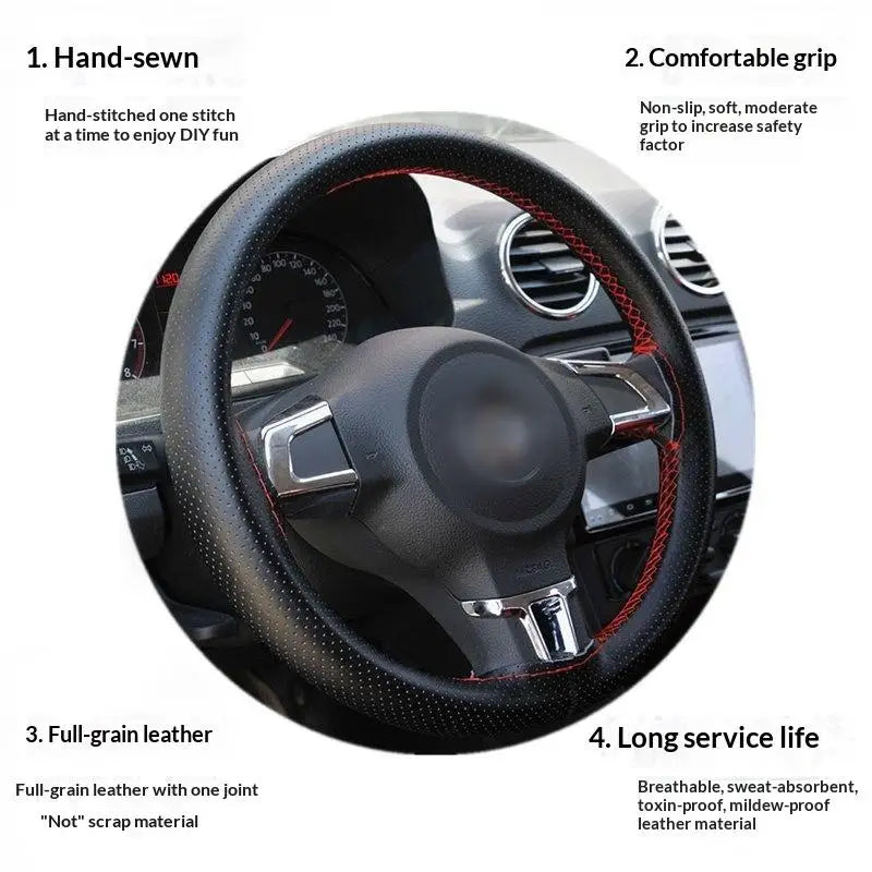 Hand Sewn Car Steering Wheel Protective Cover Leather Breathable Anti Slip Universal Suitable 38cm Elastic Band Texture Decor