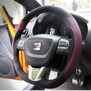 Hand-stitched Soft Suede Carbon Black Perforated Leather Car Steering Wheel Cover for SEAT LEON 2009 2010 2012 2013