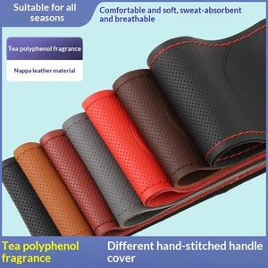 Hand Sewn Car Steering Wheel Protective Cover Leather Breathable Anti Slip Universal Suitable 38cm Elastic Band Texture Decor
