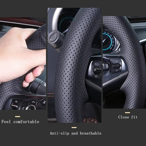 Hand-stitched Soft Suede Carbon Black Perforated Leather Car Steering Wheel Cover for SEAT LEON 2009 2010 2012 2013