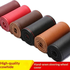 Hand Sewn Car Steering Wheel Protective Cover Leather Breathable Anti Slip Universal Suitable 38cm Elastic Band Texture Decor