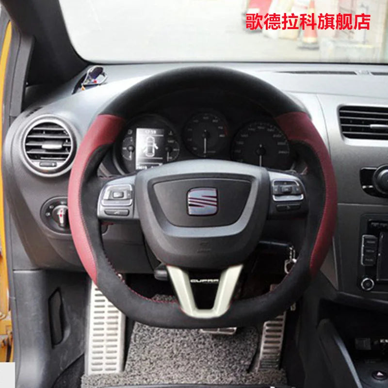 Hand-stitched Soft Suede Carbon Black Perforated Leather Car Steering Wheel Cover for SEAT LEON 2009 2010 2012 2013