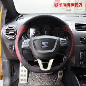 Hand-stitched Soft Suede Carbon Black Perforated Leather Car Steering Wheel Cover for SEAT LEON 2009 2010 2012 2013