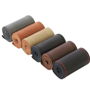 Hand Sewn Car Steering Wheel Protective Cover Leather Breathable Anti Slip Universal Suitable 38cm Elastic Band Texture Decor