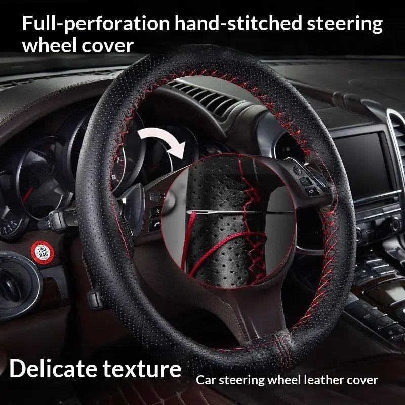 Hand Sewn Car Steering Wheel Protective Cover Leather Breathable Anti Slip Universal Suitable 38cm Elastic Band Texture Decor