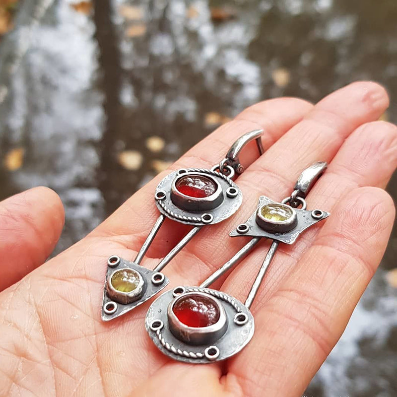Antique Geometric Asymmetric Mosaic Dangle Earrings Unique